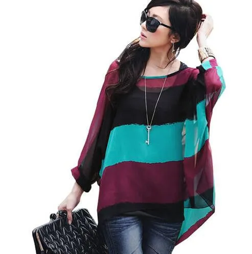 Chiffon Shirts 6XL Plus Size Women Clothing Novelty Plaid Print Blouses Batwing Sleeve Women's Casual Tops