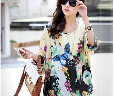 Chiffon Shirts 6XL Plus Size Women Clothing Novelty Plaid Print Blouses Batwing Sleeve Women's Casual Tops