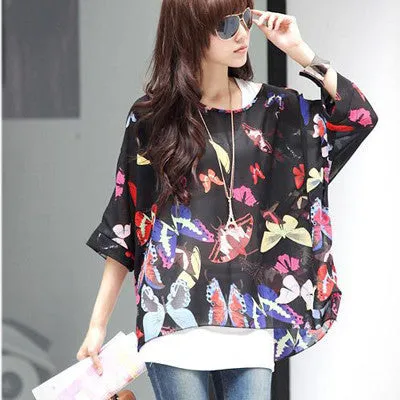 Chiffon Shirts 6XL Plus Size Women Clothing Novelty Plaid Print Blouses Batwing Sleeve Women's Casual Tops