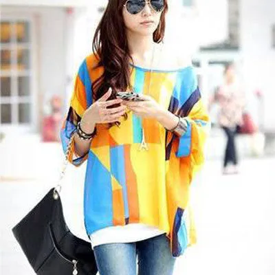 Chiffon Shirts 6XL Plus Size Women Clothing Novelty Plaid Print Blouses Batwing Sleeve Women's Casual Tops