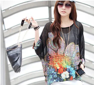 Chiffon Shirts 6XL Plus Size Women Clothing Novelty Plaid Print Blouses Batwing Sleeve Women's Casual Tops