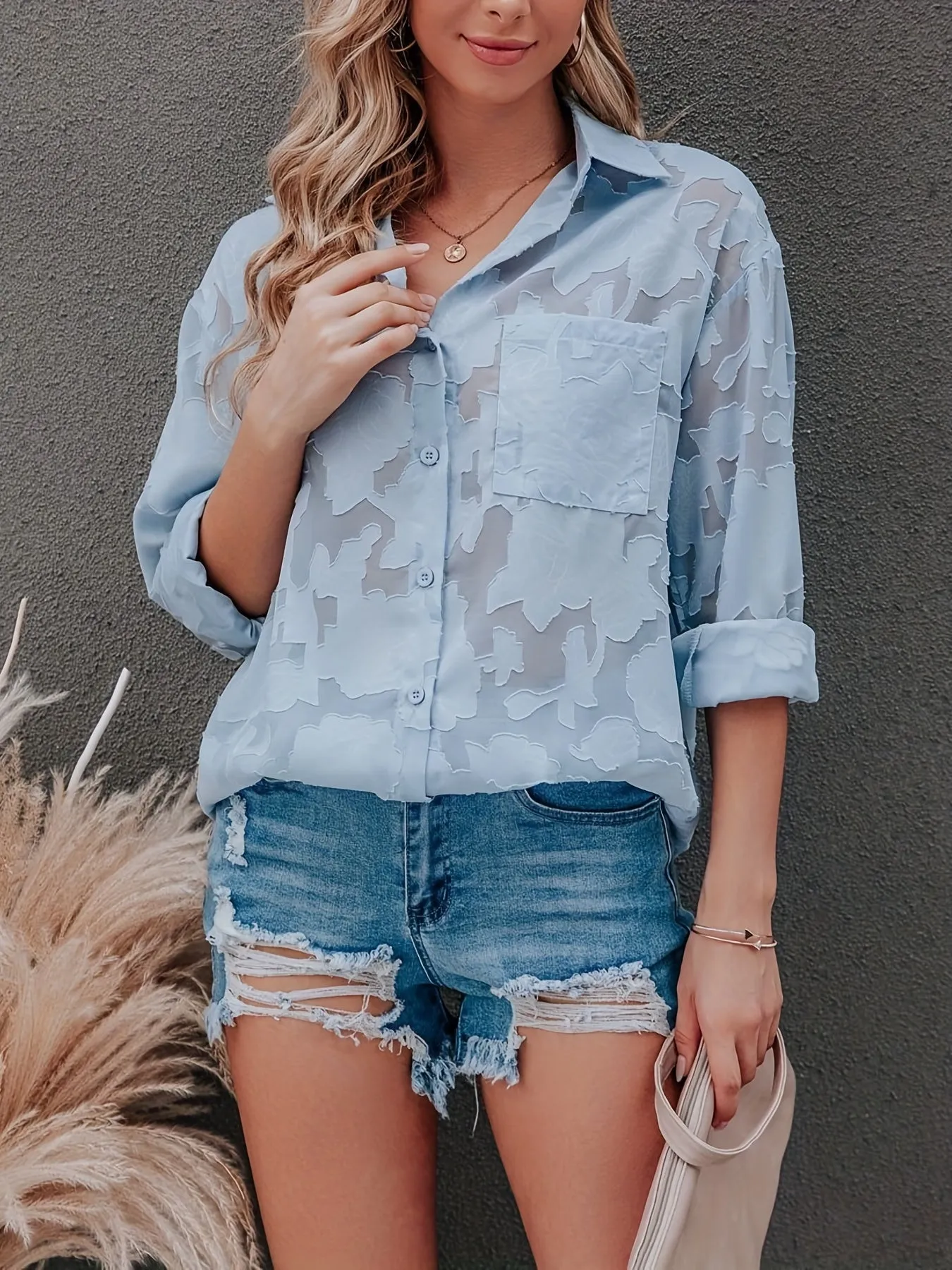 Chiffon V-neck Loose Lapel Blouses, Casual Button Down Long Sleeve Fashion Shirts Tops, Women's Clothing