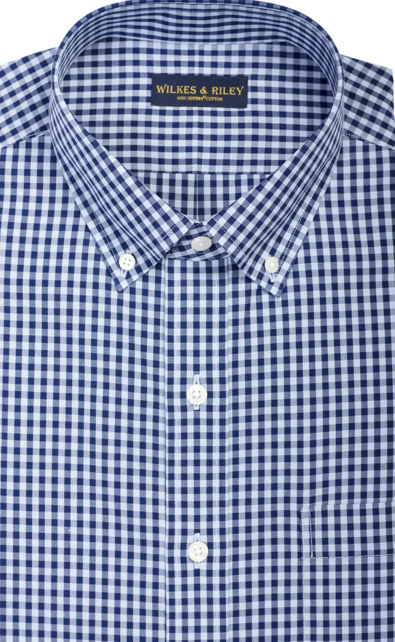 Classic Fit Sky / Navy Large Gingham Check Button-Down Collar Supima® Non-Iron Cotton Broadcloth Sport Shirt