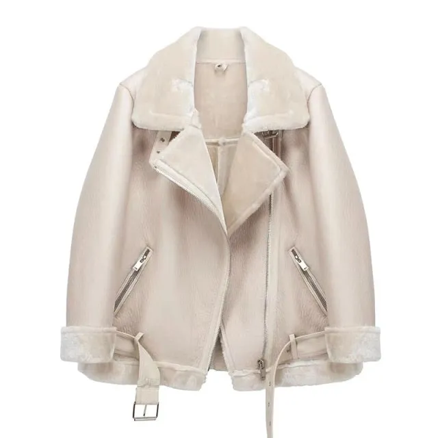 Coats Women Thick Faux Leather Fur Sheepskin Coat Female Fur Leather Jacket Aviator Jacket