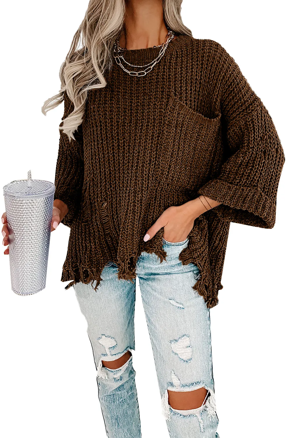 Coffee Ripped Raw Hem Chunky Pullover Sweater