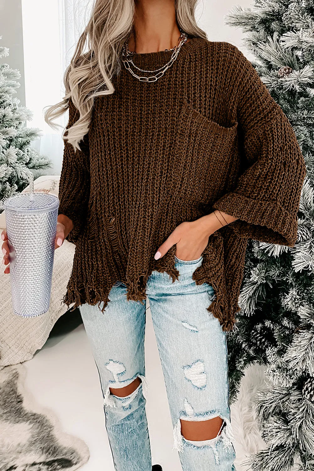 Coffee Ripped Raw Hem Chunky Pullover Sweater