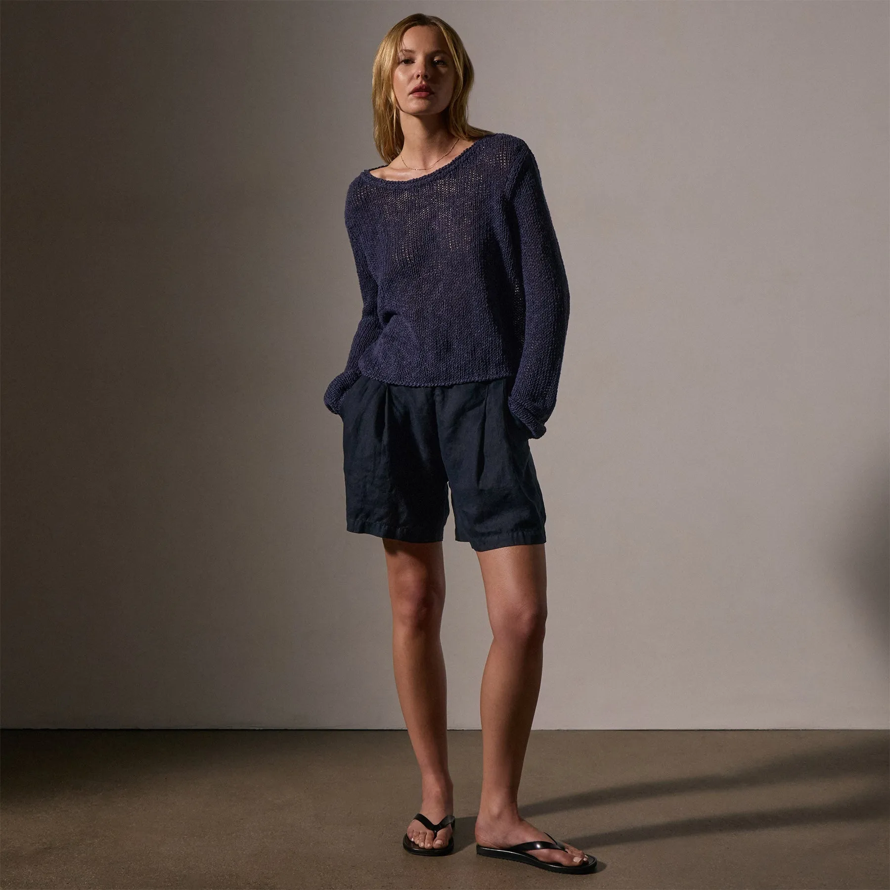 Cotton Linen Open Knit Pullover - Faded Navy
