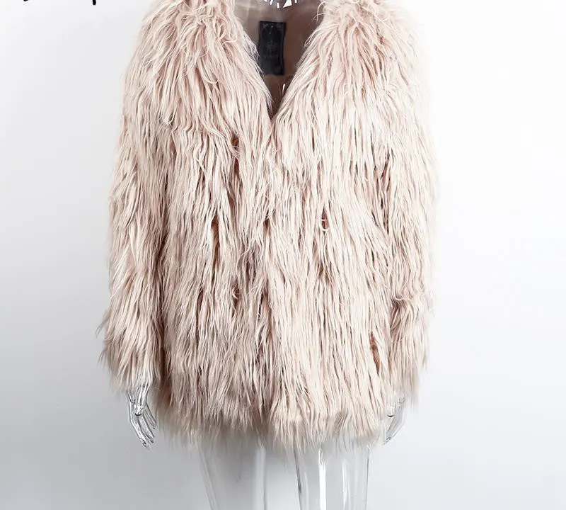 Elegant faux fur coat women Fluffy warm long sleeve female outerwear Black chic autumn winter coat jacket hairy overcoat