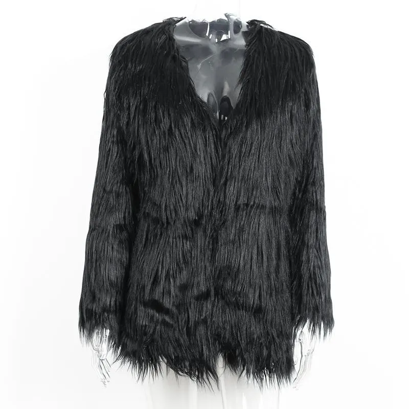 Elegant faux fur coat women Fluffy warm long sleeve female outerwear Black chic autumn winter coat jacket hairy overcoat