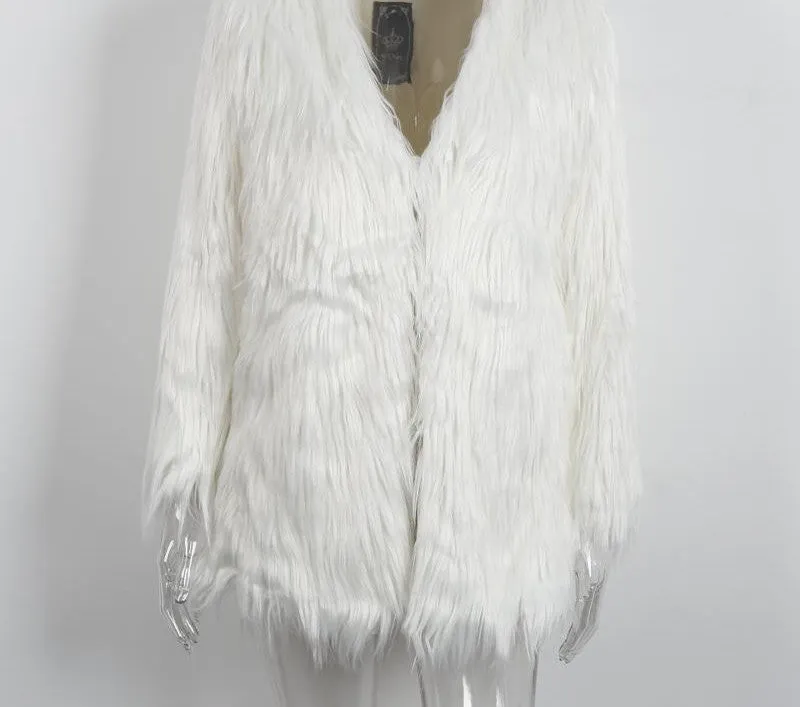Elegant faux fur coat women Fluffy warm long sleeve female outerwear Black chic autumn winter coat jacket hairy overcoat