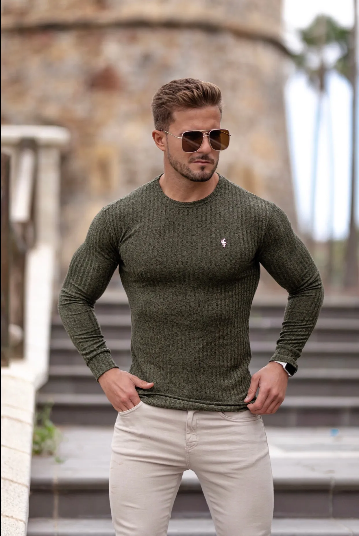 Father Sons Classic Khaki Ribbed Knit Jumper With Gold Emblem - FSH536