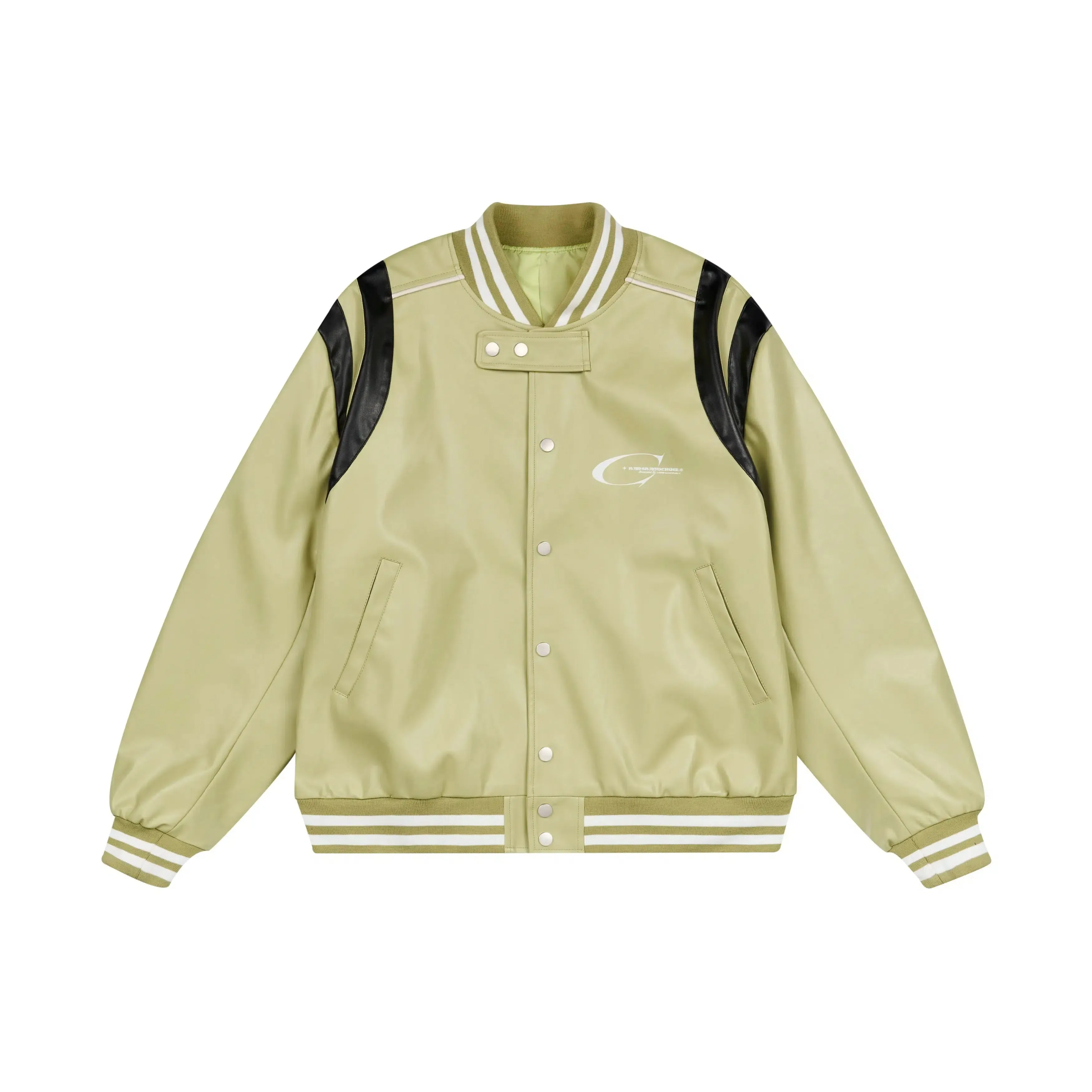Faux Leather Varsity Jacket with Striped Accents