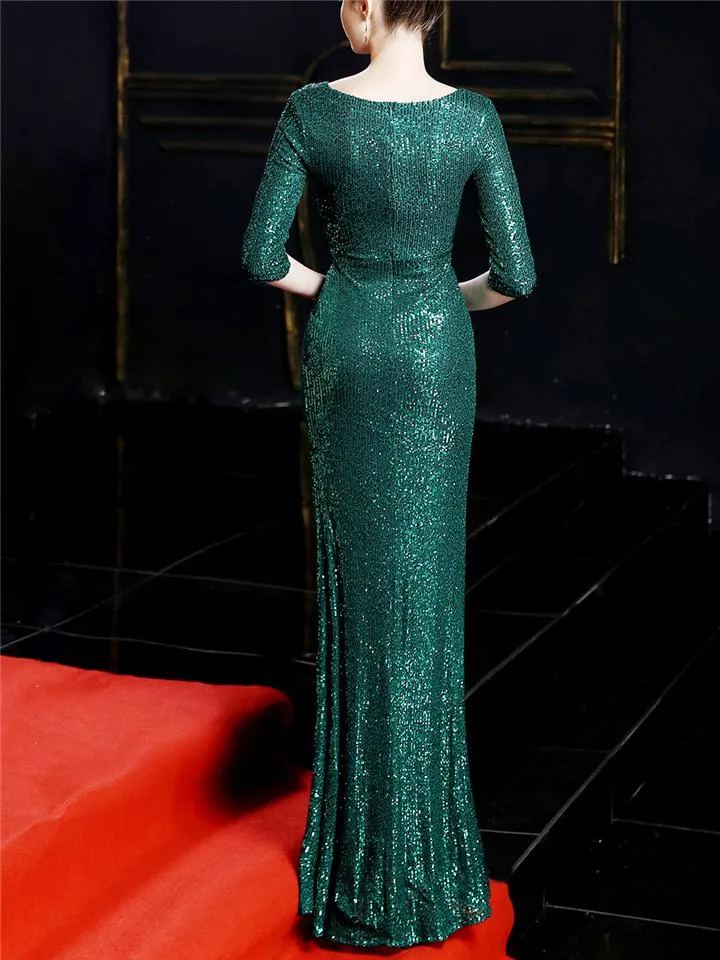 Flattering Sequined Wrap Neck Side Slit Mermaid Dress for Evening Party
