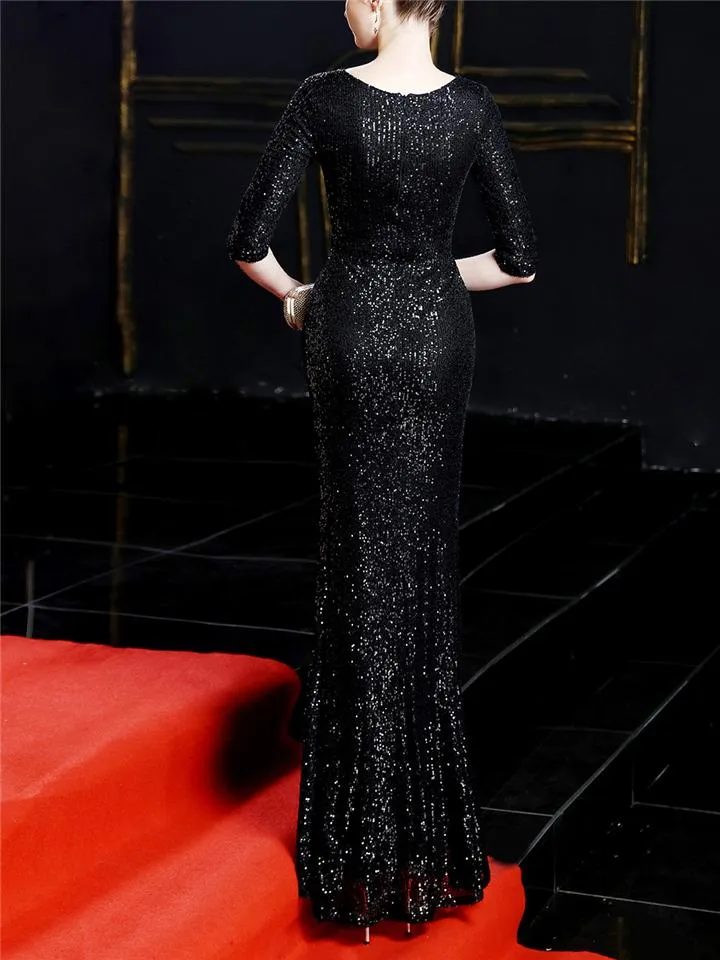 Flattering Sequined Wrap Neck Side Slit Mermaid Dress for Evening Party