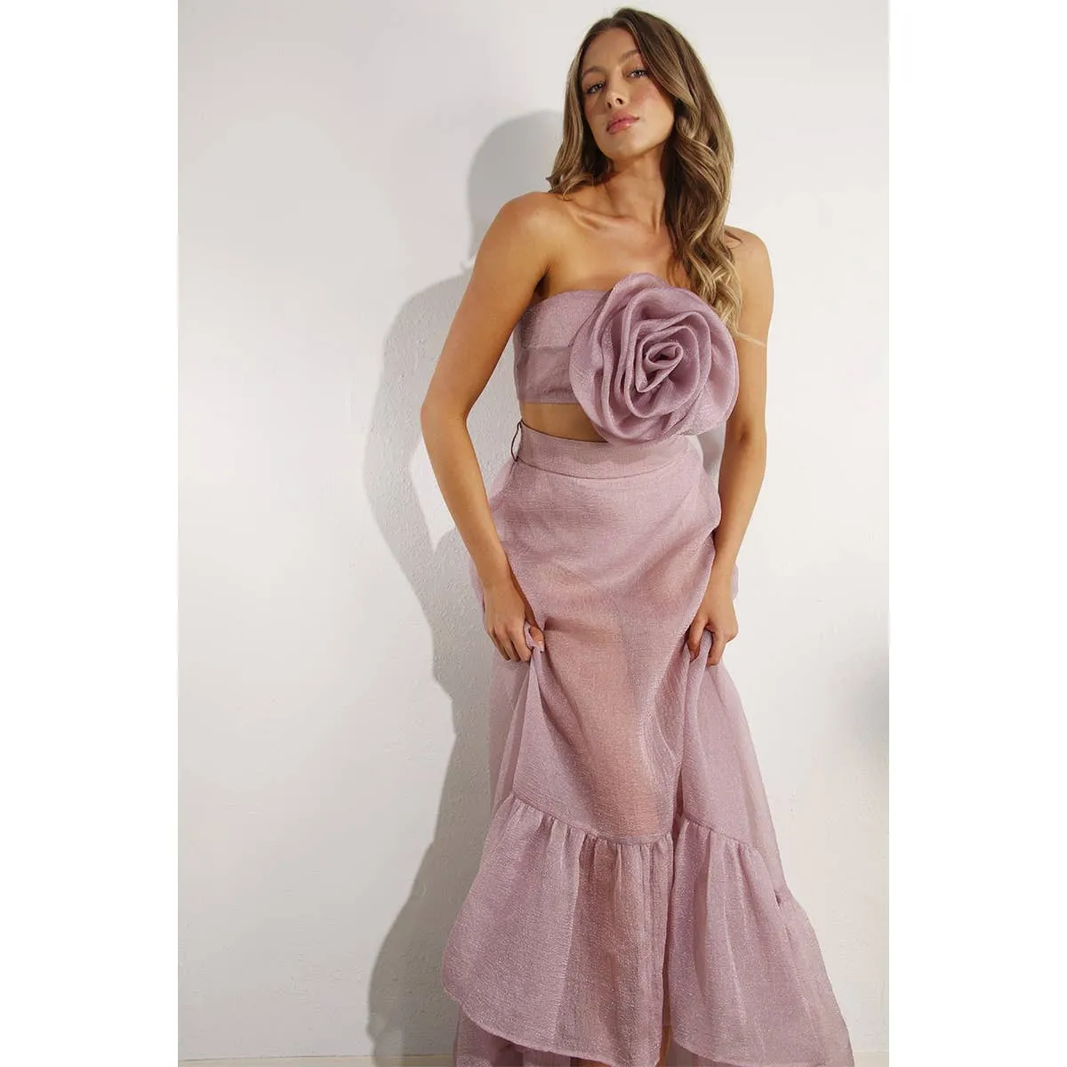 FLOWER TOP AND MICRO PANTED SKIRT SET: PINK MAUVE / S
