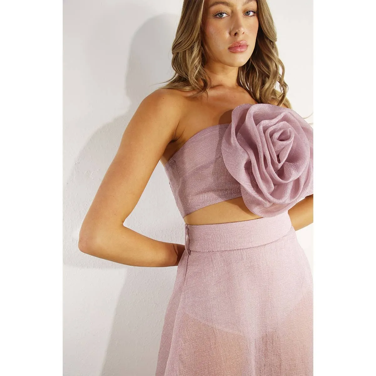 FLOWER TOP AND MICRO PANTED SKIRT SET: PINK MAUVE / S