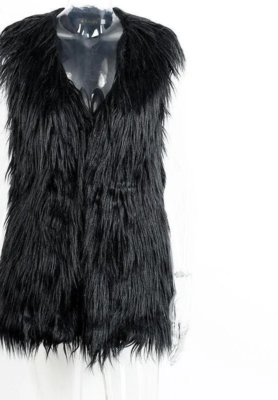 Fluffy black faux fur vest waistcoat sleeveless outerwear women coats Soft white hairy overcoat