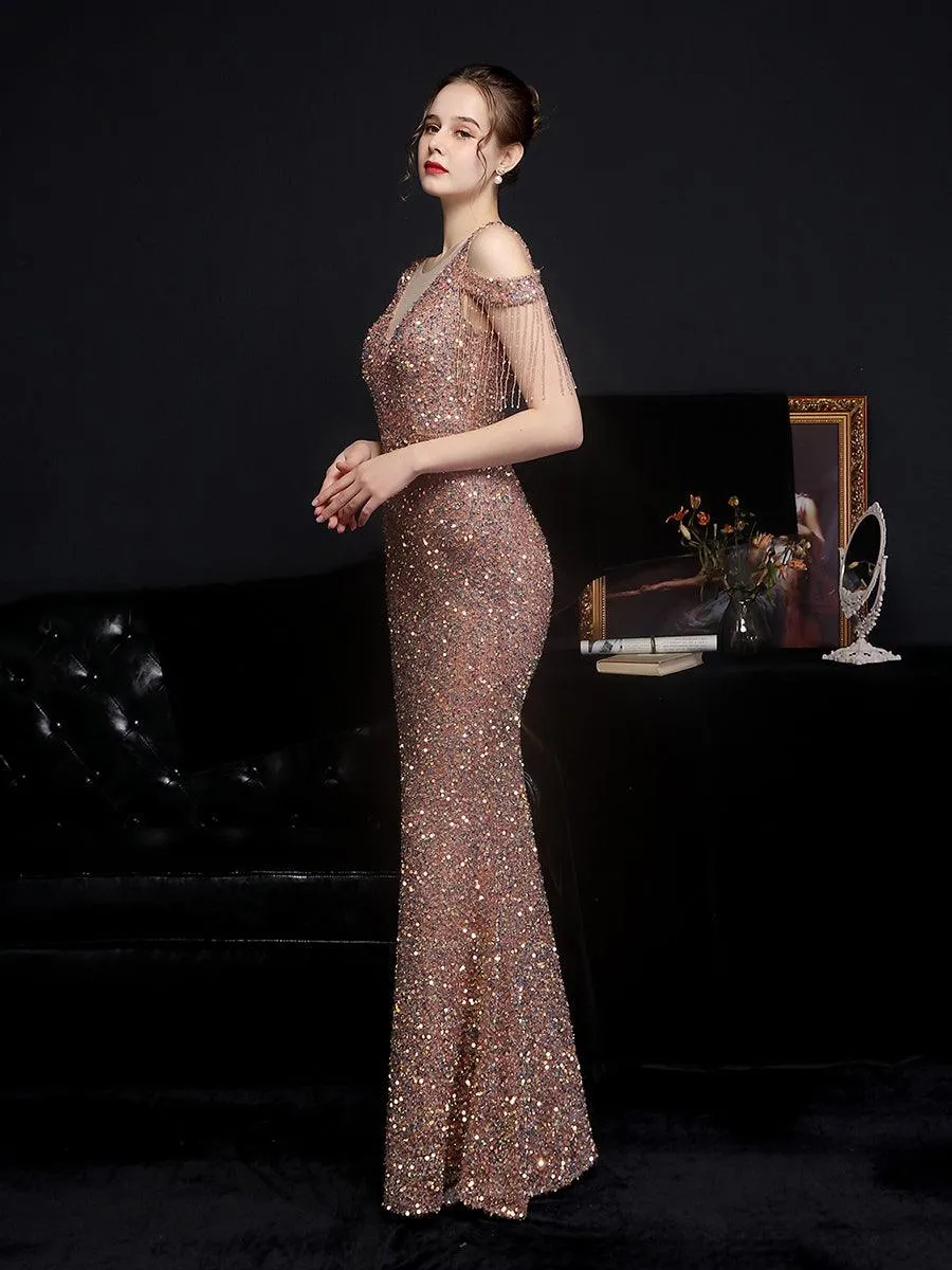 Fringed Cold Shoulder Sequin Cocktail Dress MCW1134