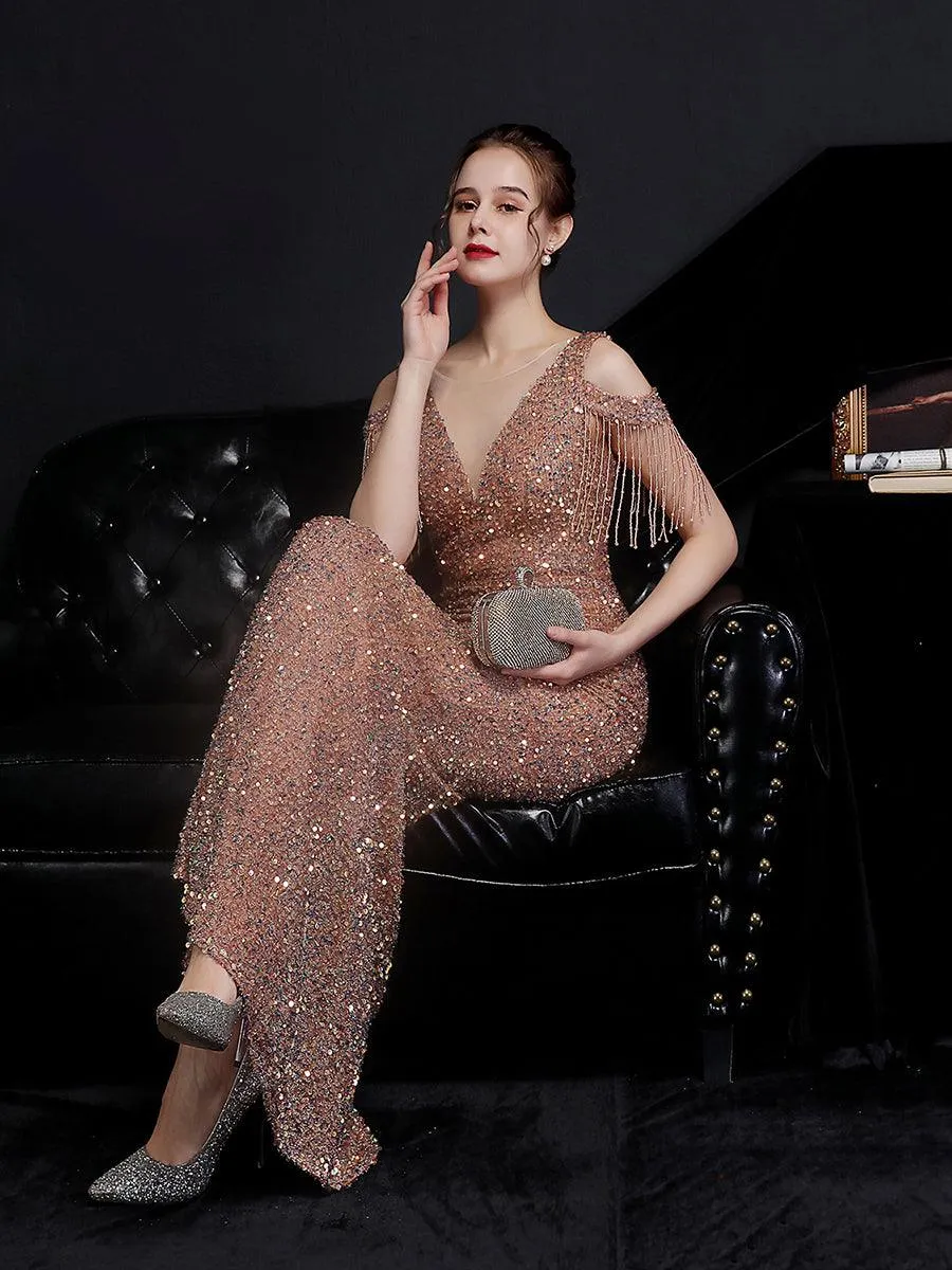 Fringed Cold Shoulder Sequin Cocktail Dress MCW1134