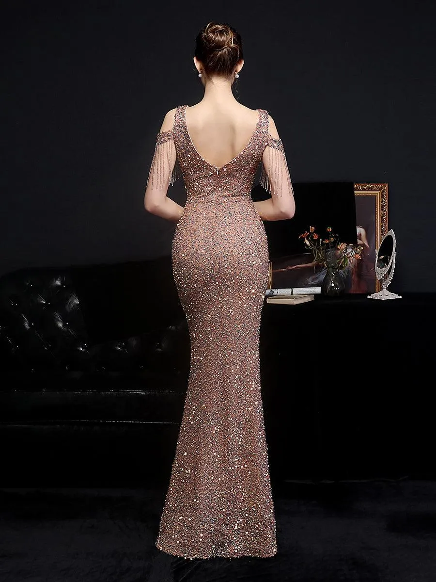 Fringed Cold Shoulder Sequin Cocktail Dress MCW1134