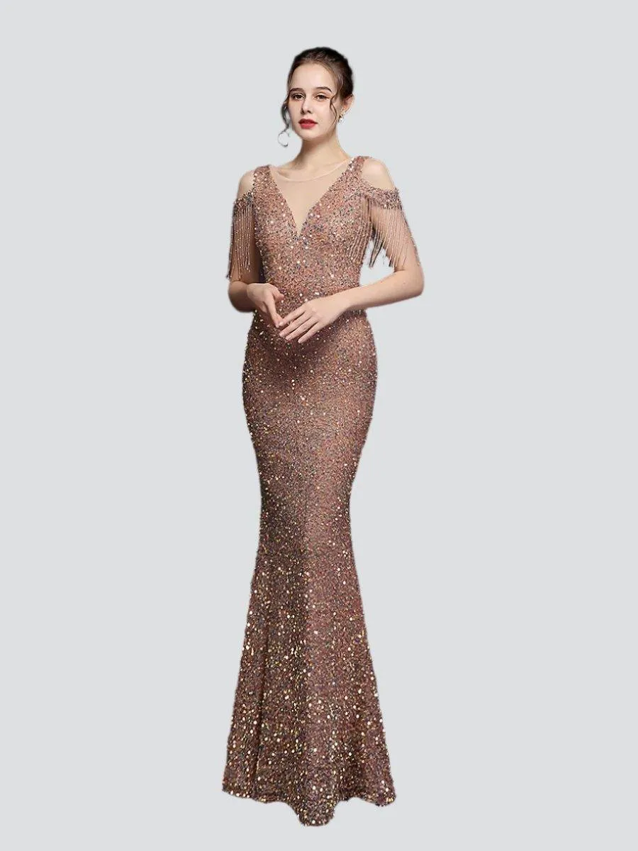 Fringed Cold Shoulder Sequin Cocktail Dress MCW1134