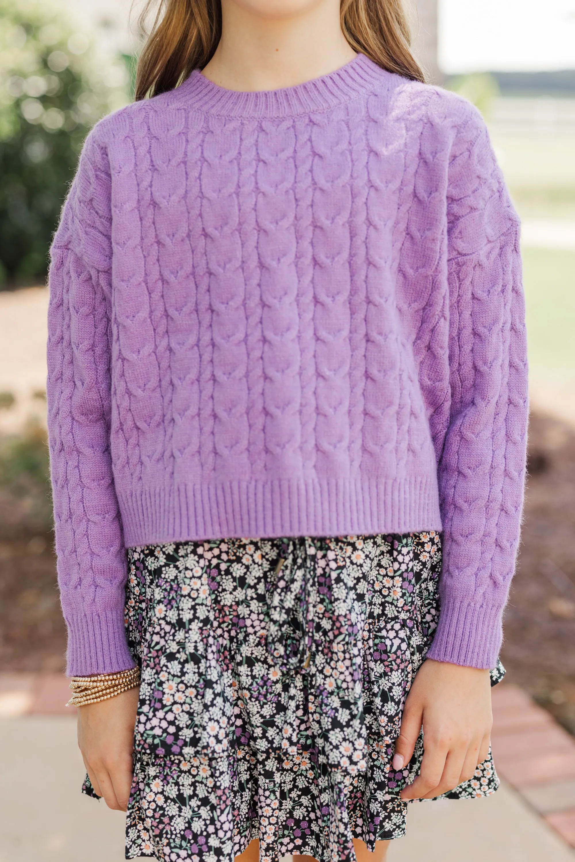 Girls: The Kelcie Back Purple Cable Knit Crop Sweater