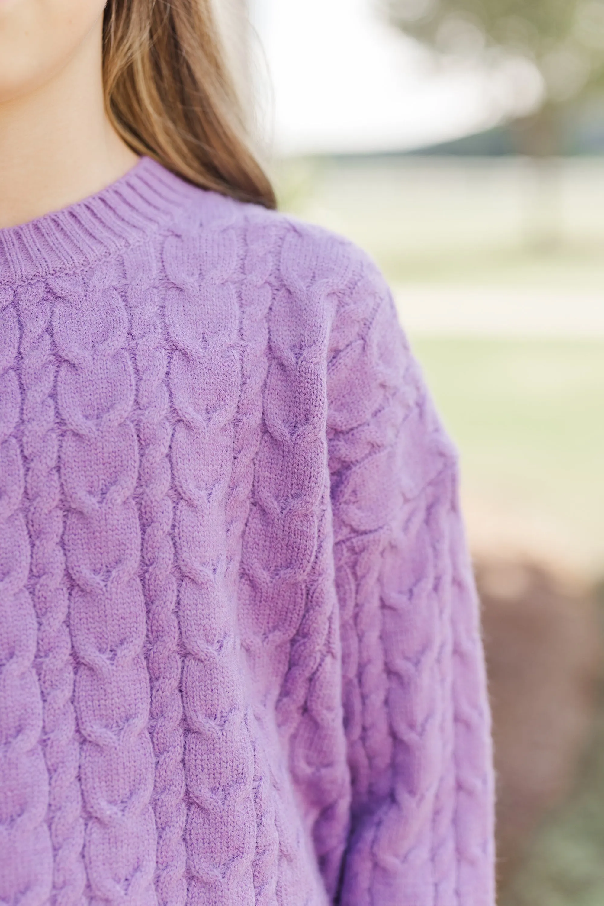 Girls: The Kelcie Back Purple Cable Knit Crop Sweater
