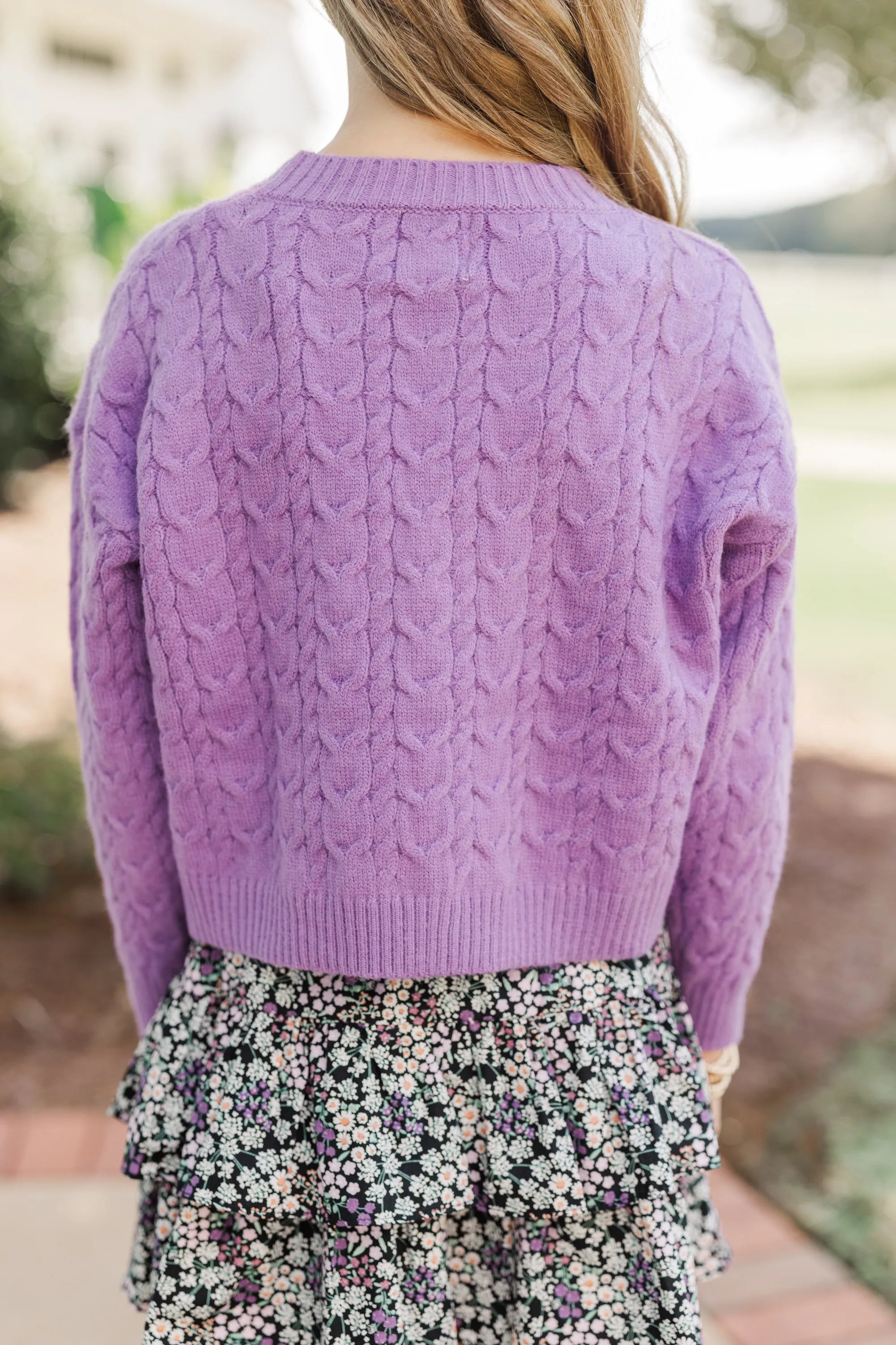 Girls: The Kelcie Back Purple Cable Knit Crop Sweater