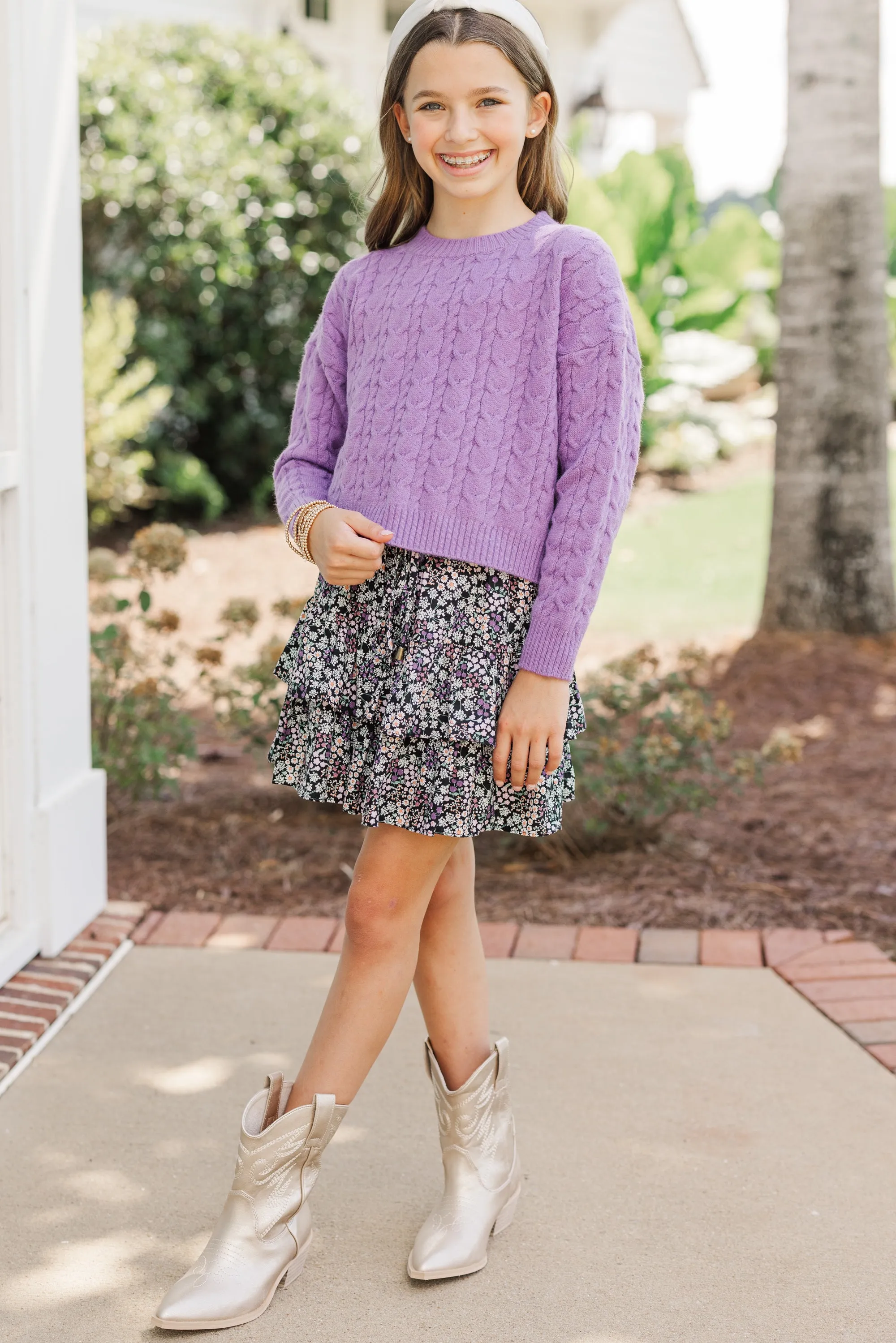 Girls: The Kelcie Back Purple Cable Knit Crop Sweater