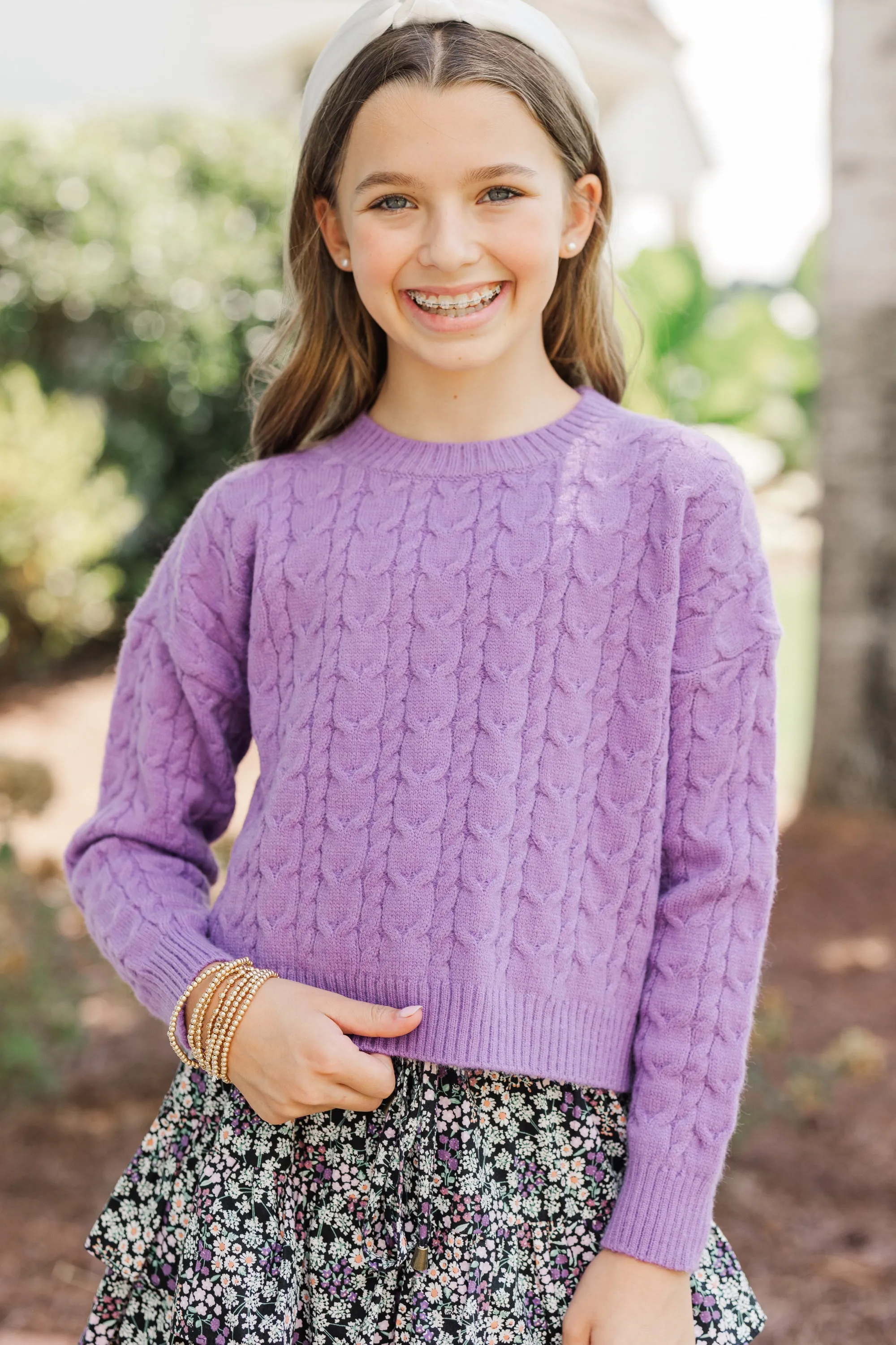 Girls: The Kelcie Back Purple Cable Knit Crop Sweater