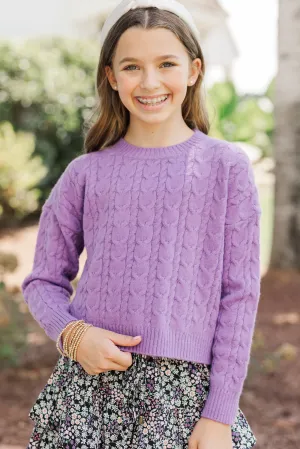Girls: The Kelcie Back Purple Cable Knit Crop Sweater