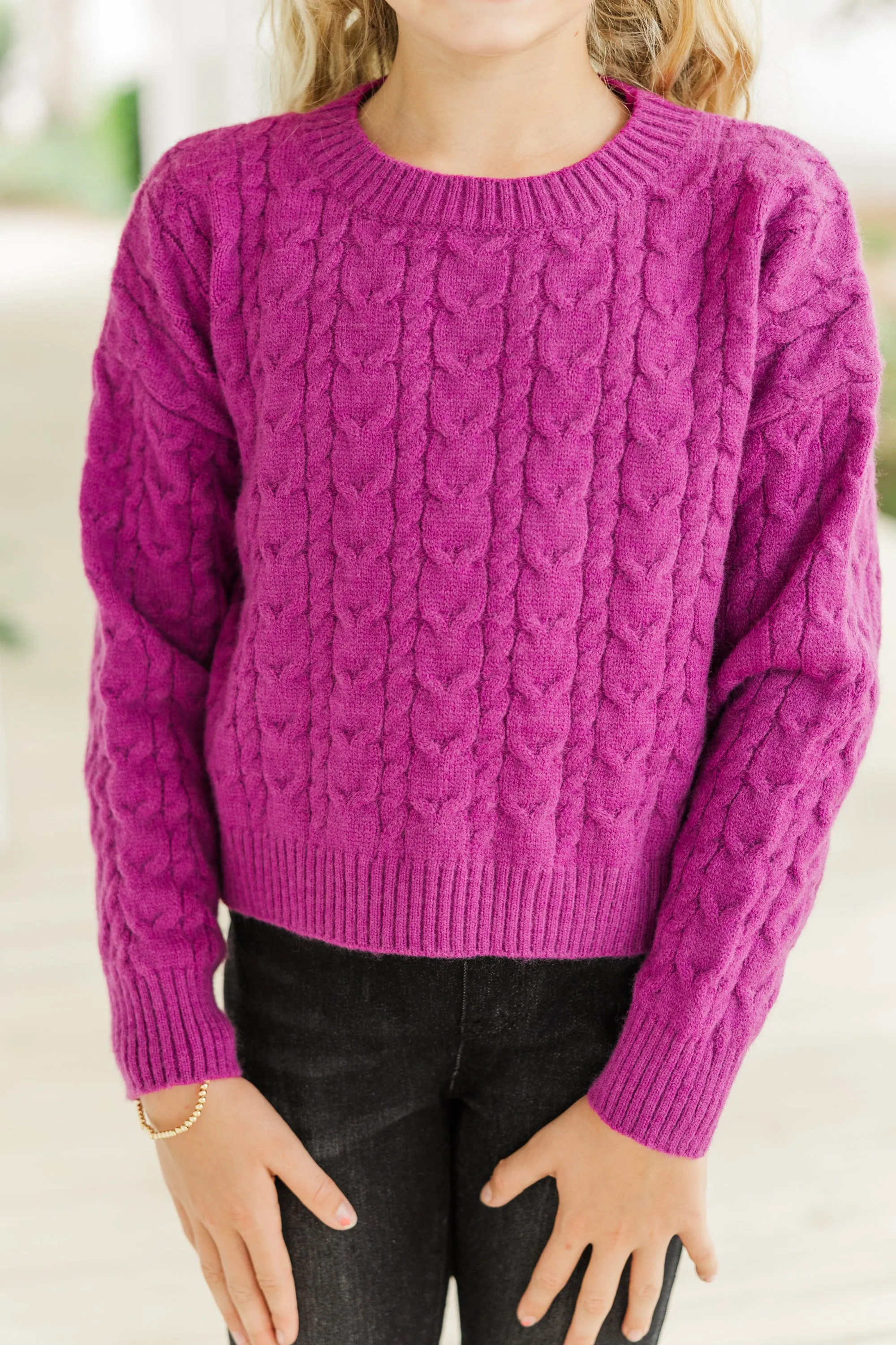 Girls: The Kelcie Magenta Purple Cable Knit Crop Sweater