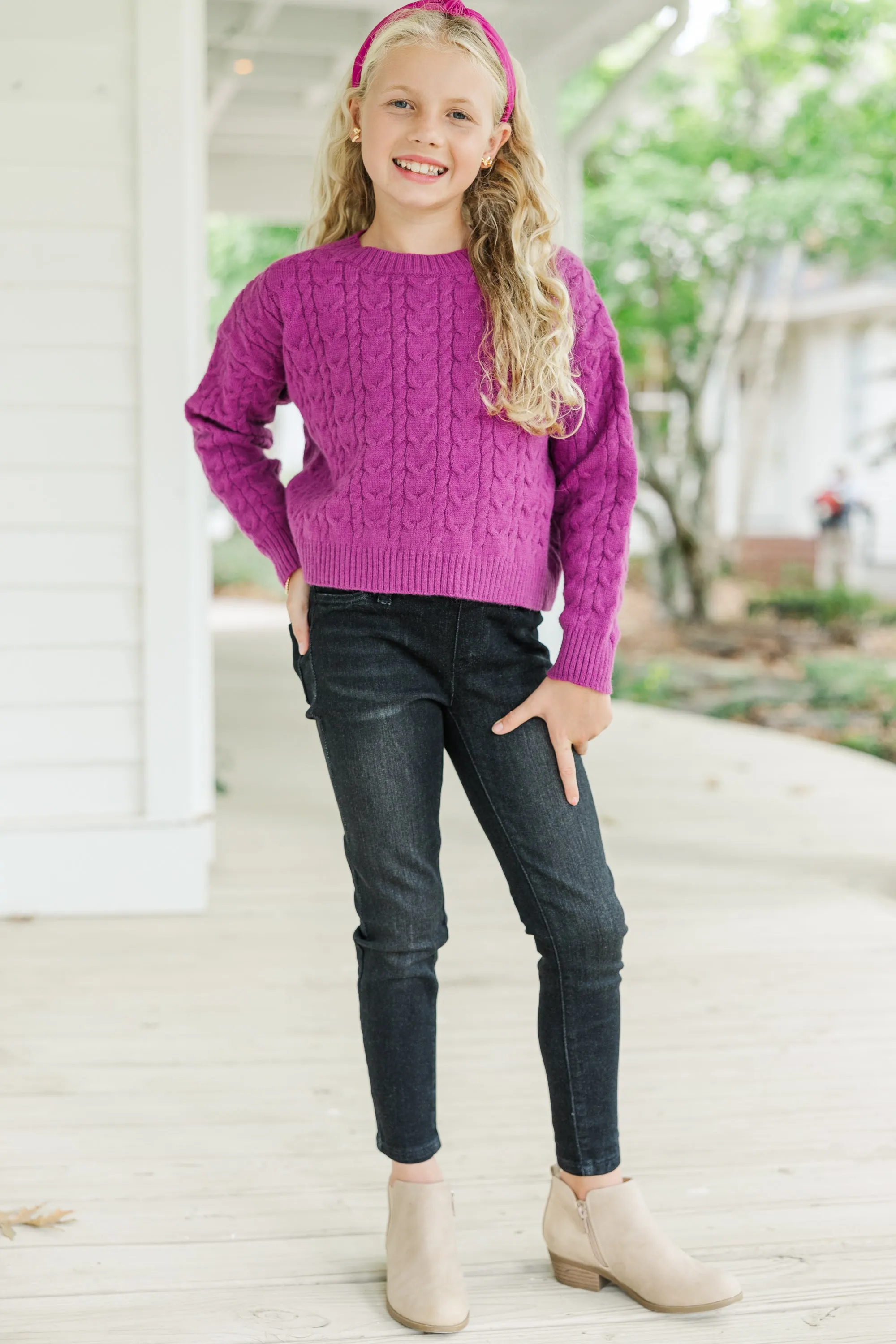 Girls: The Kelcie Magenta Purple Cable Knit Crop Sweater