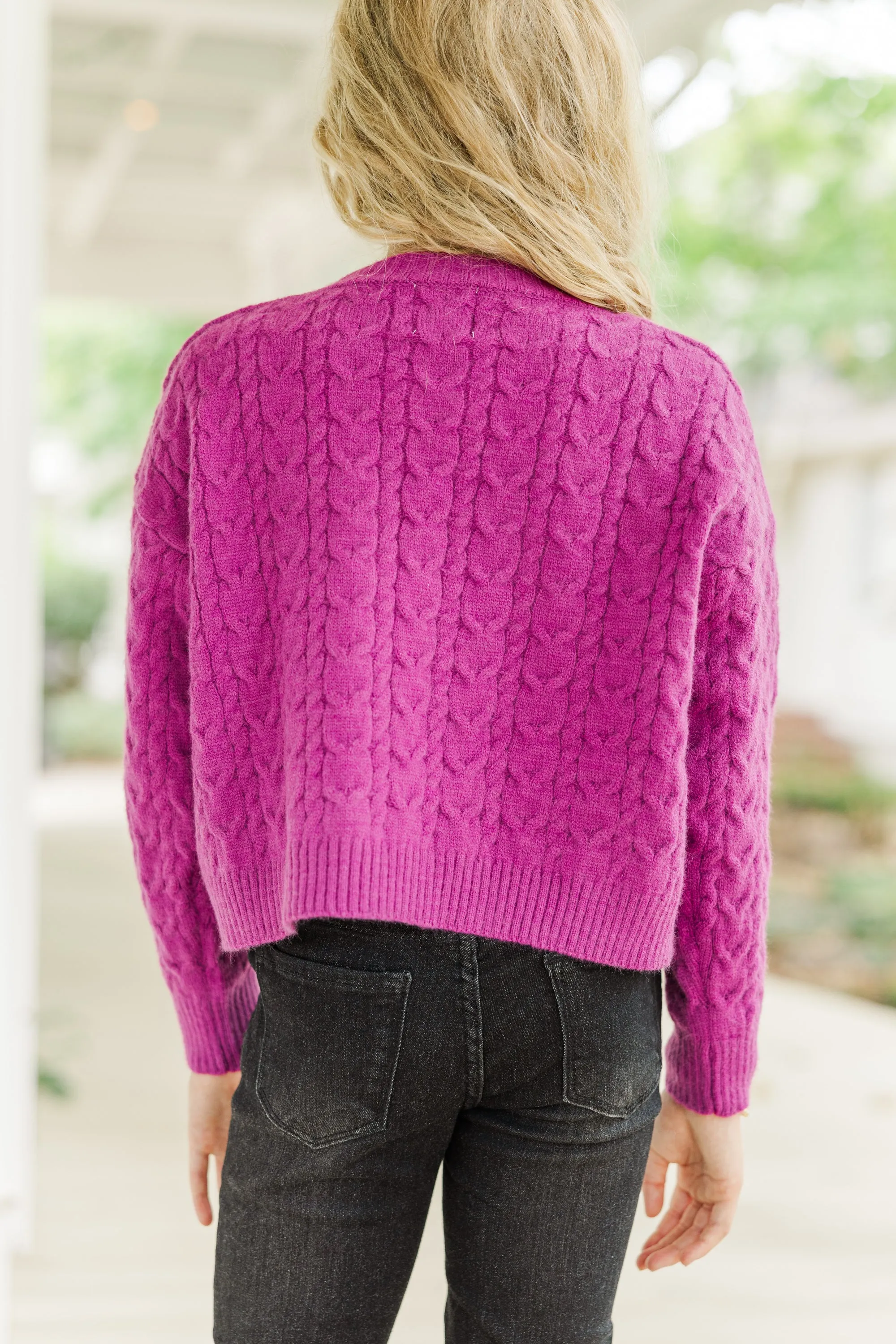 Girls: The Kelcie Magenta Purple Cable Knit Crop Sweater