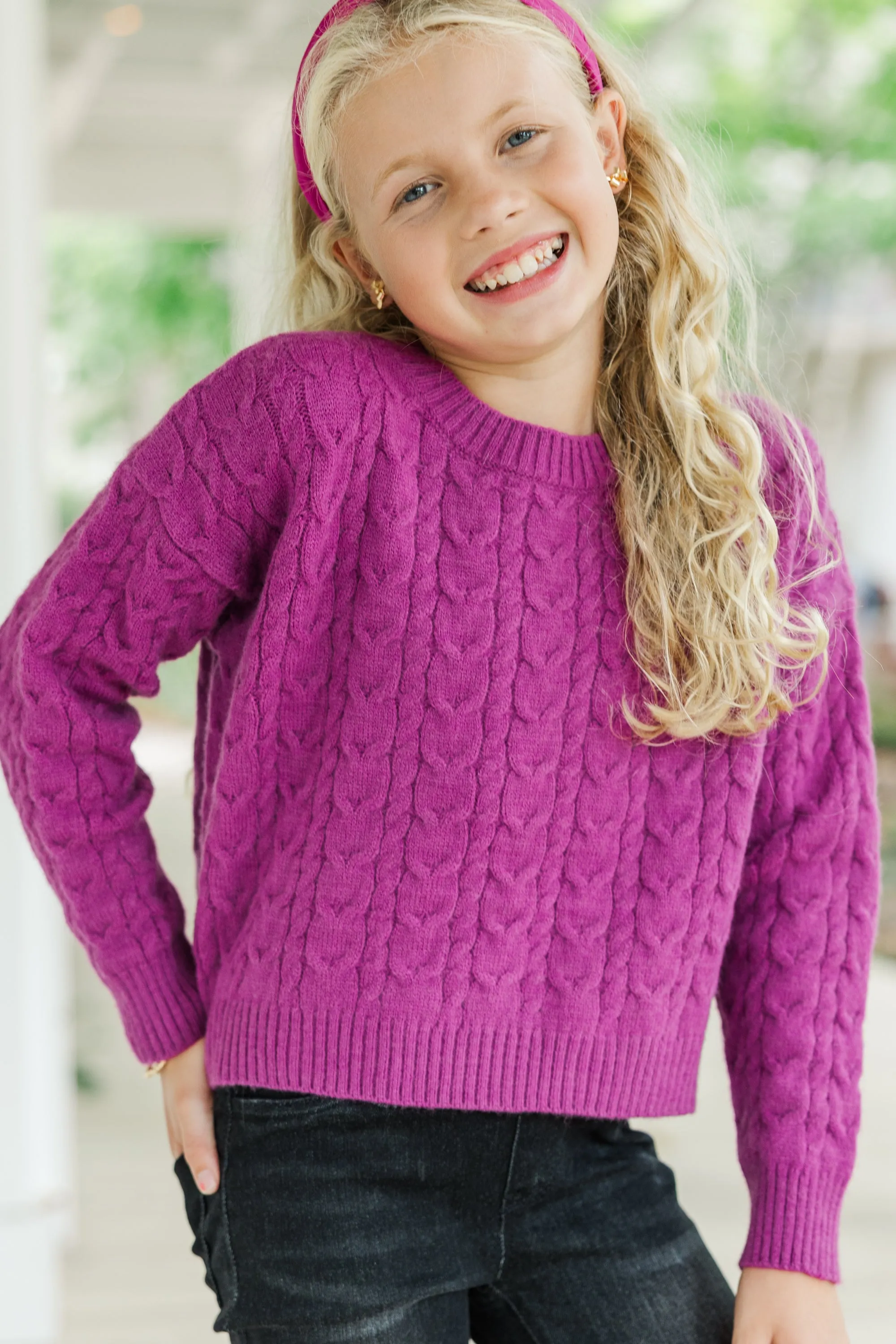 Girls: The Kelcie Magenta Purple Cable Knit Crop Sweater