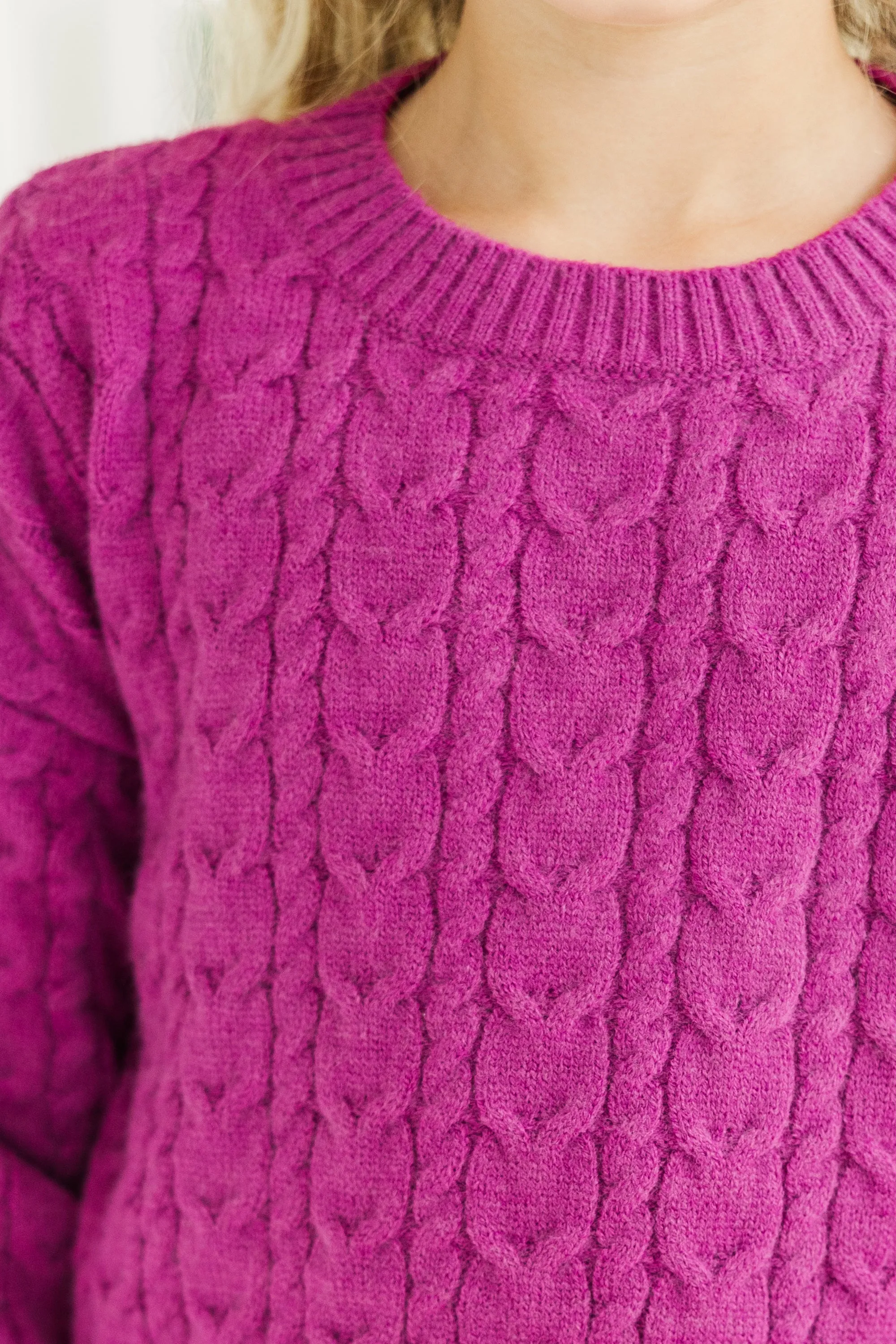 Girls: The Kelcie Magenta Purple Cable Knit Crop Sweater