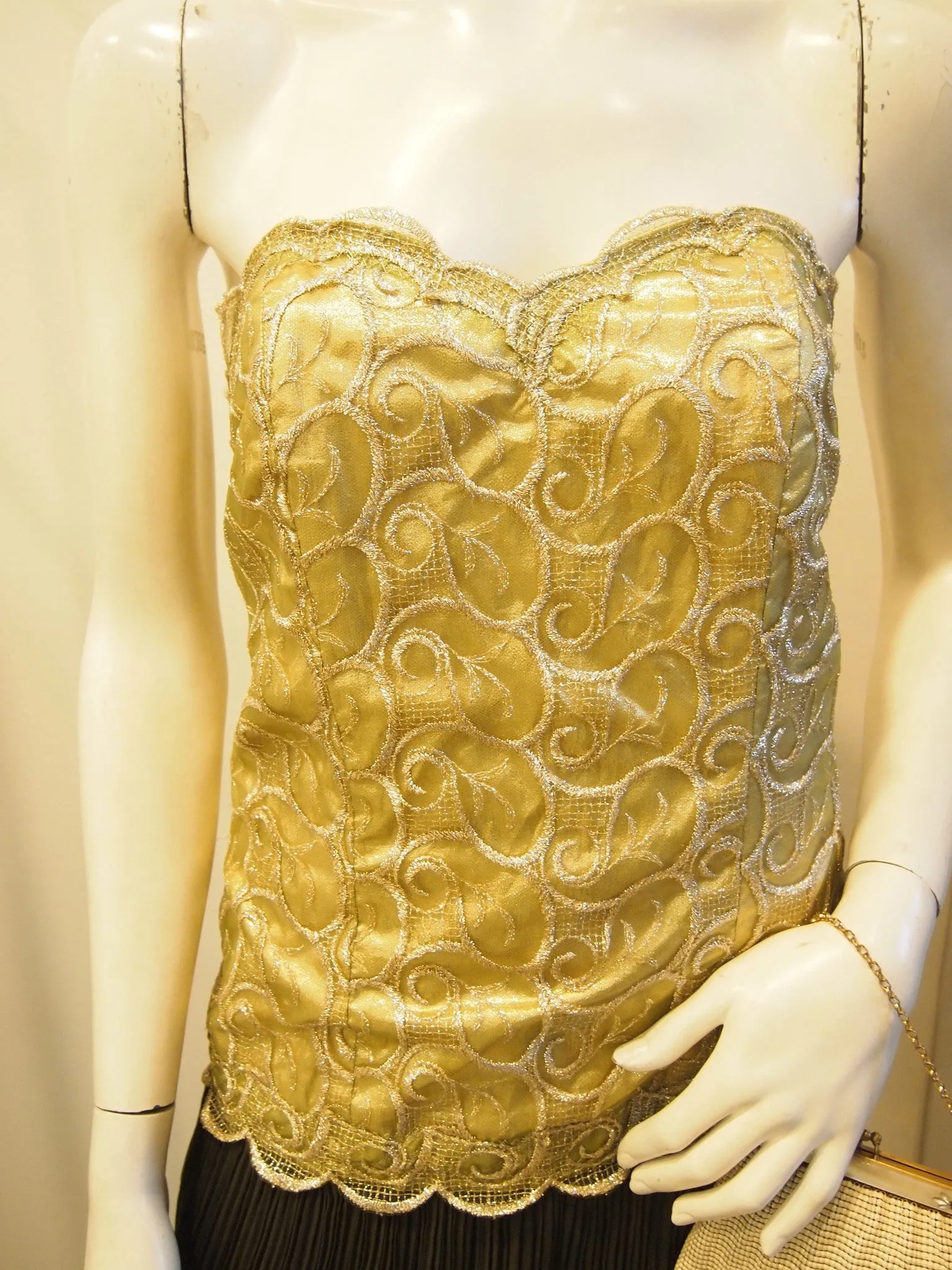 Golden Olive Pleated Lace Bustier Evening Dress with Matching Bolero