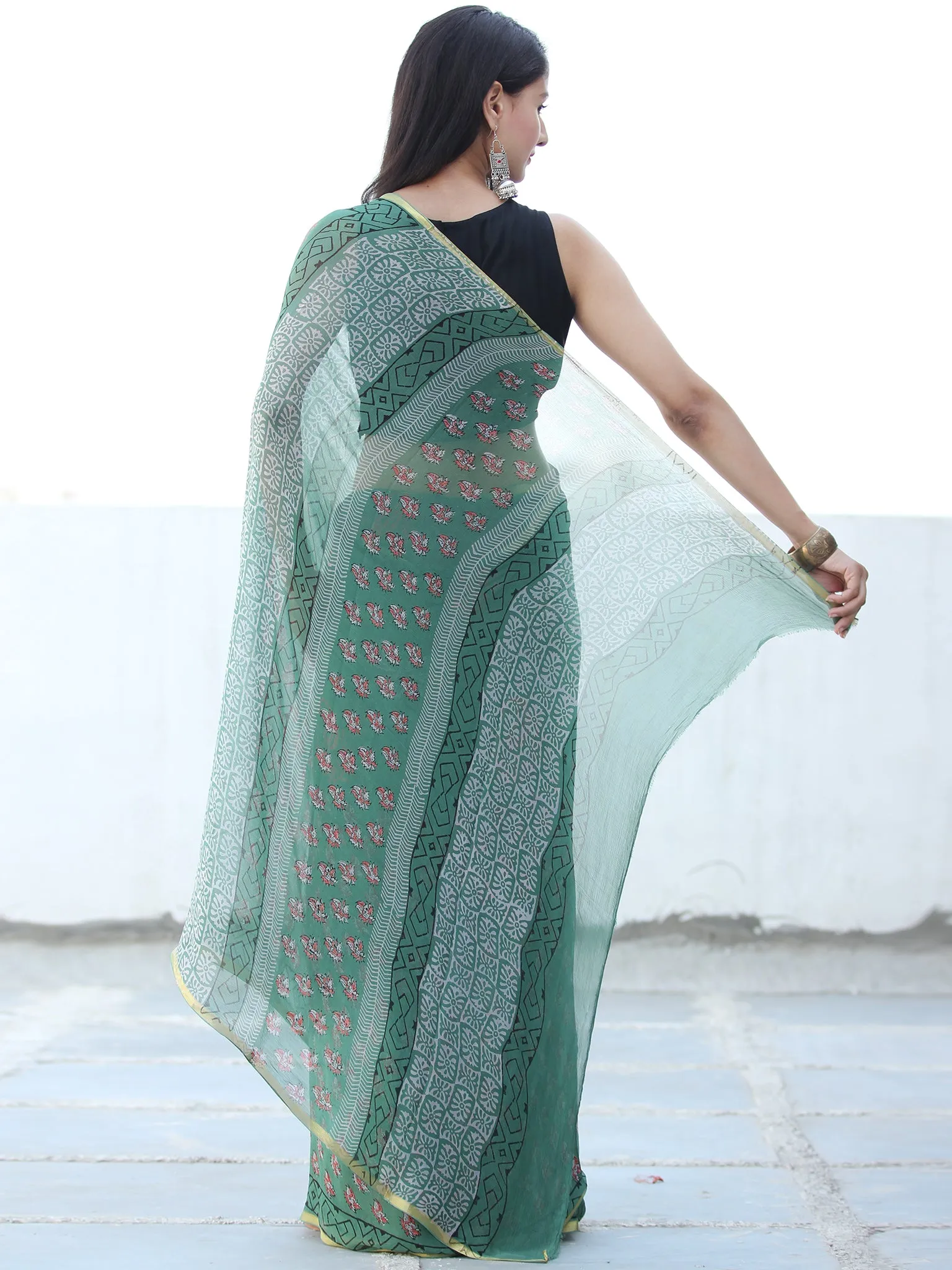 Green Coral Hand Block Printed Chiffon Saree with Zari Border - S031703934