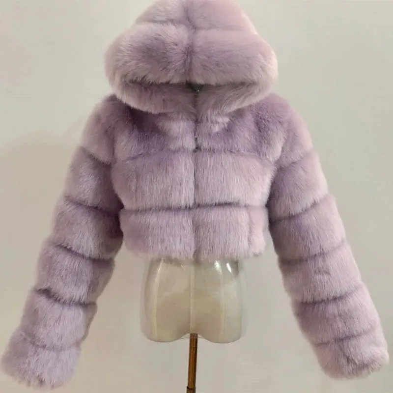 High Quality Furry Cropped Faux Fur Coats and Jackets Women Fluffy Top Coat With Hooded Winter Fur Jacket Manteau Femme