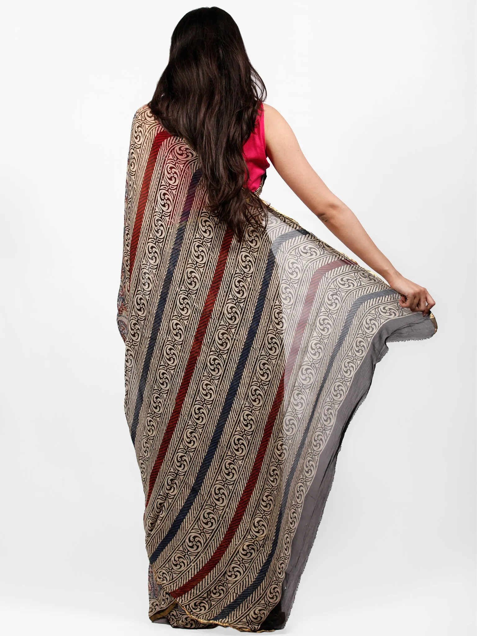 Ivory Indigo Maroon Hand Block Printed Chiffon Saree with Zari Border - S031703233