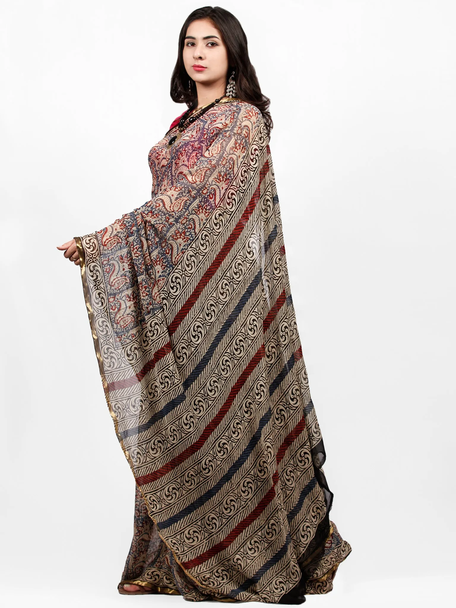Ivory Indigo Maroon Hand Block Printed Chiffon Saree with Zari Border - S031703233