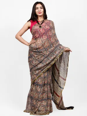 Ivory Indigo Maroon Hand Block Printed Chiffon Saree with Zari Border - S031703233