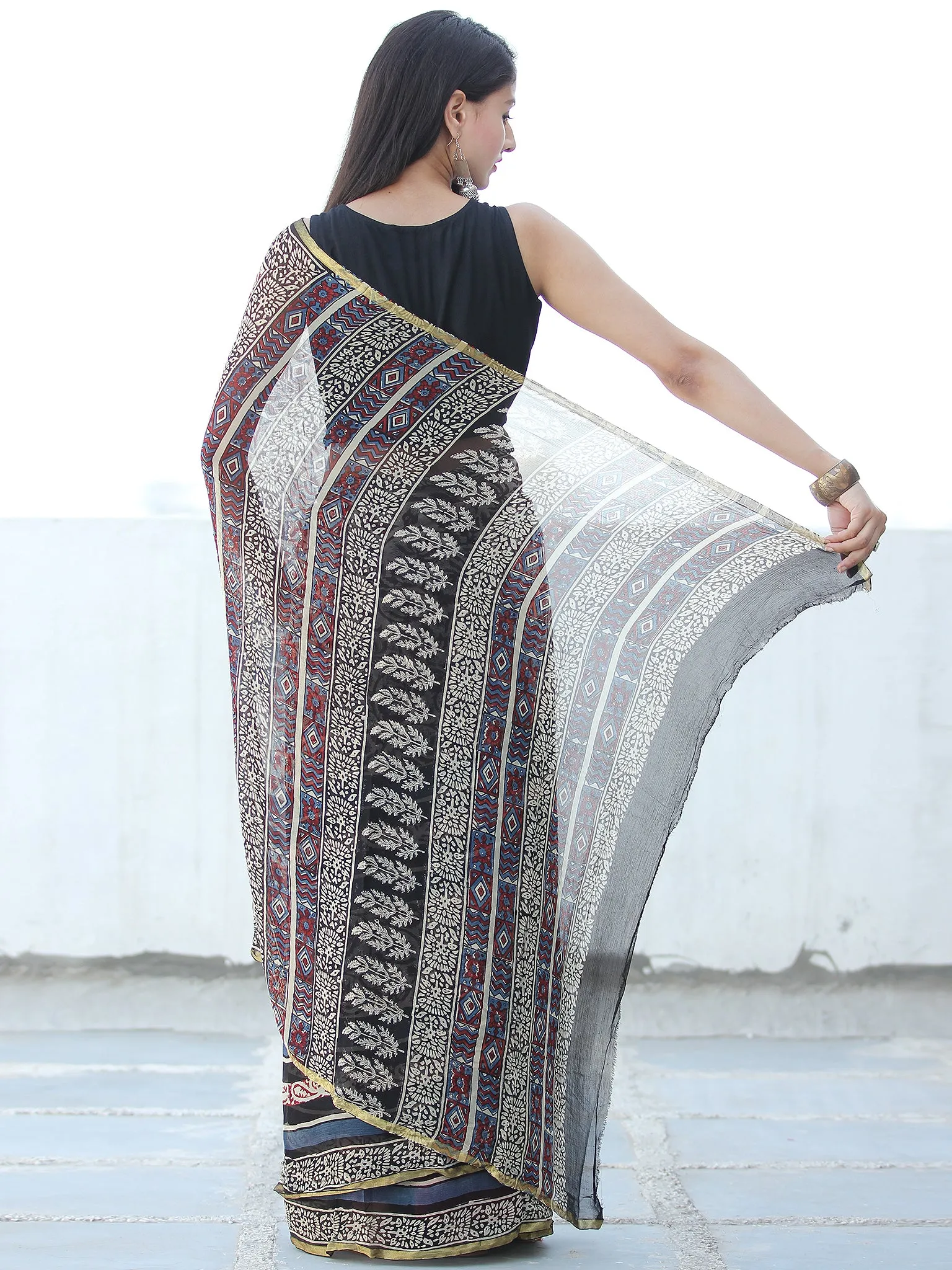 Ivory Maroon Indigo Hand Block Printed Chiffon Saree with Zari Border - S031703935