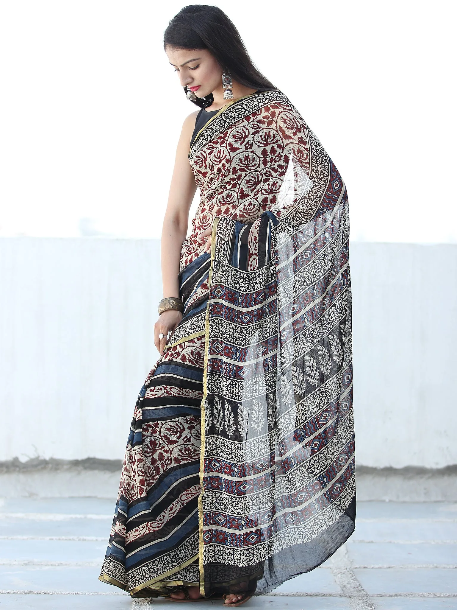 Ivory Maroon Indigo Hand Block Printed Chiffon Saree with Zari Border - S031703935