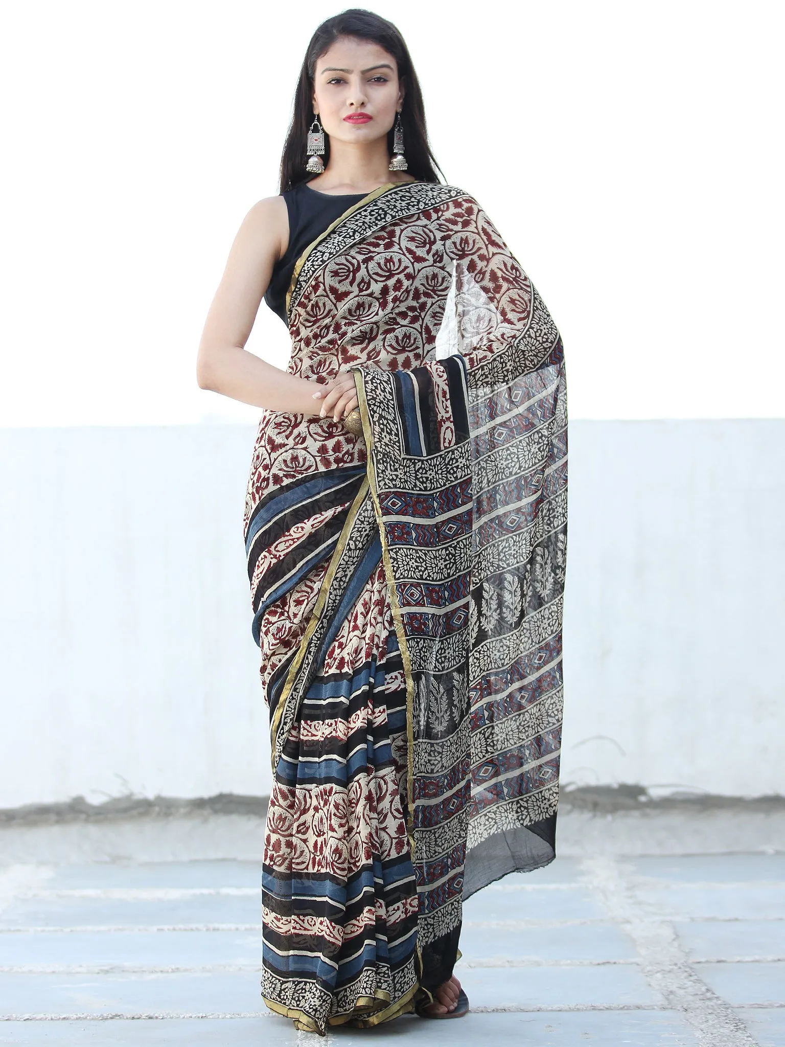 Ivory Maroon Indigo Hand Block Printed Chiffon Saree with Zari Border - S031703935