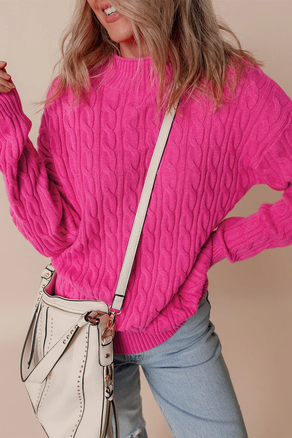KaleaBoutique Solid Cable Knit High Neck Drop Shoulder Sweater