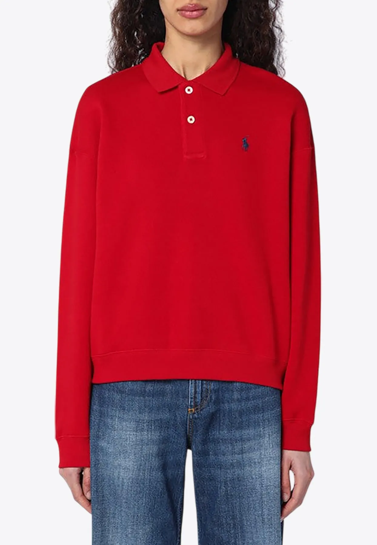 Logo Embroidered Cable Knit Polo Sweater