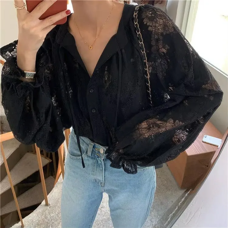 Long Sleeve Loose V-Neck Lace Blouse Shirt