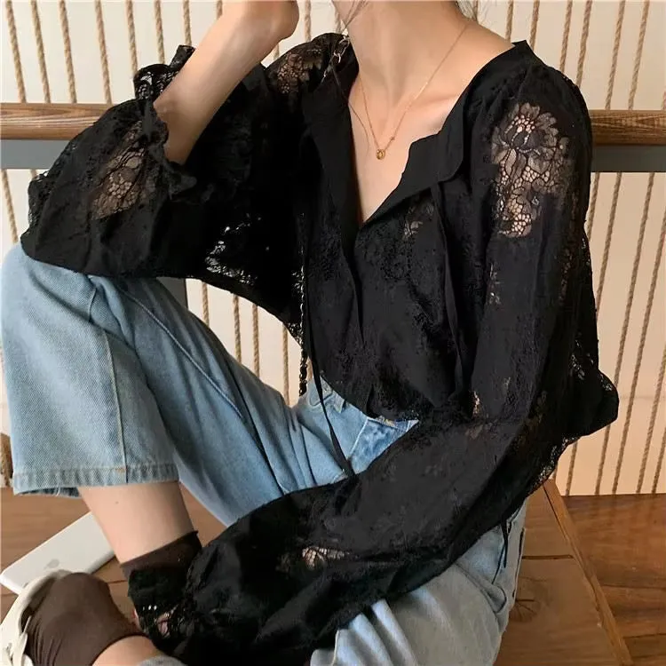 Long Sleeve Loose V-Neck Lace Blouse Shirt