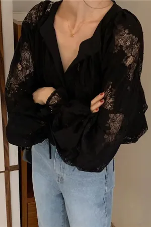 Long Sleeve Loose V-Neck Lace Blouse Shirt